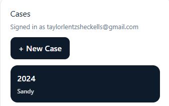 Cases panel showing a signed-in user, a new case button, and an existing case card.