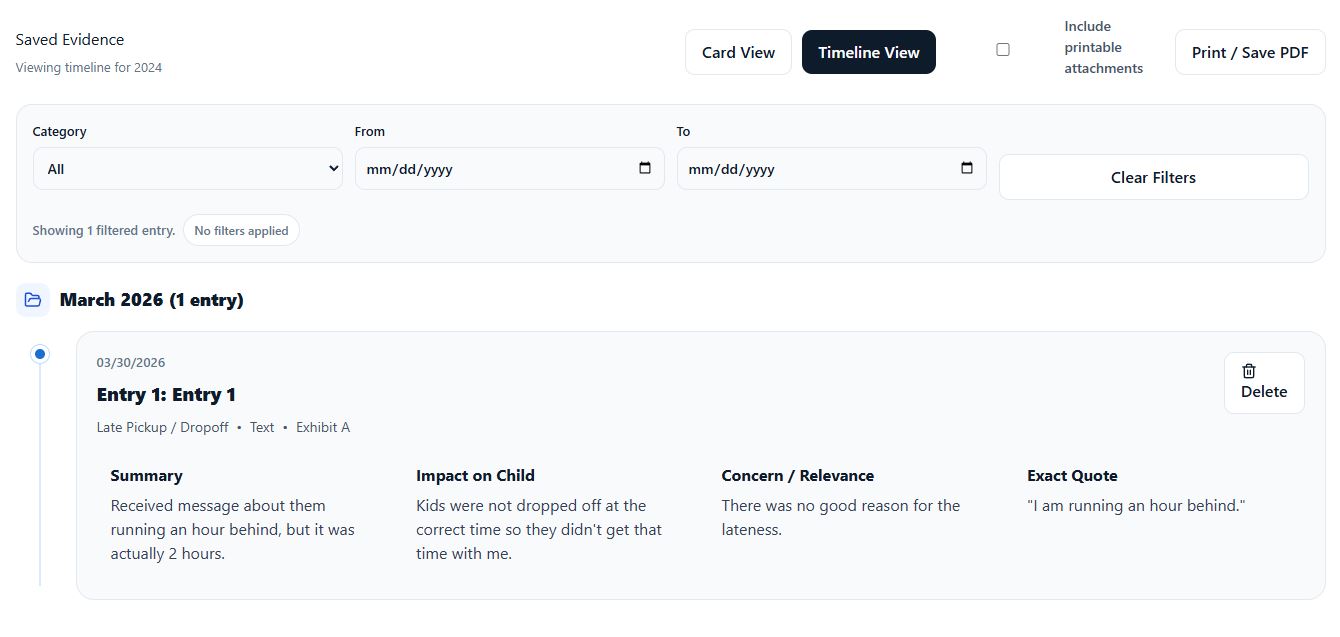 Timeline view showing evidence entries grouped by month with filters and a print option.